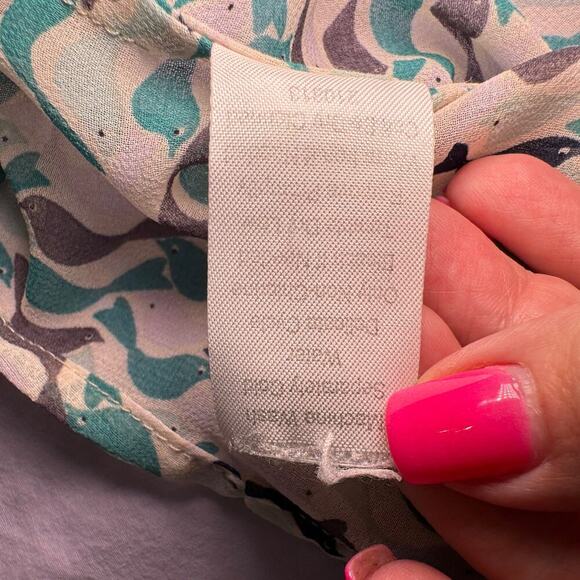 CAbi Women's Size Large Blouse Tweet Birds Faux Wrap Sheer Blue Teal Style #342 - Picture 6 of 9